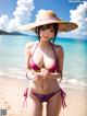 A woman in a bikini and straw hat on the beach.