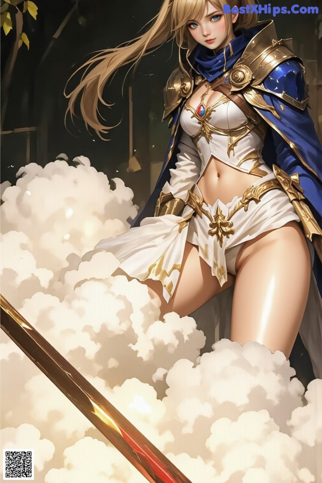 A woman in a white and blue outfit holding a sword.