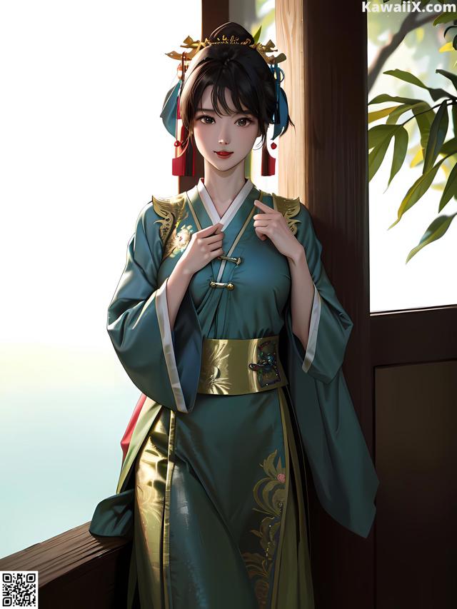 A woman in a green and gold kimono standing by a window.