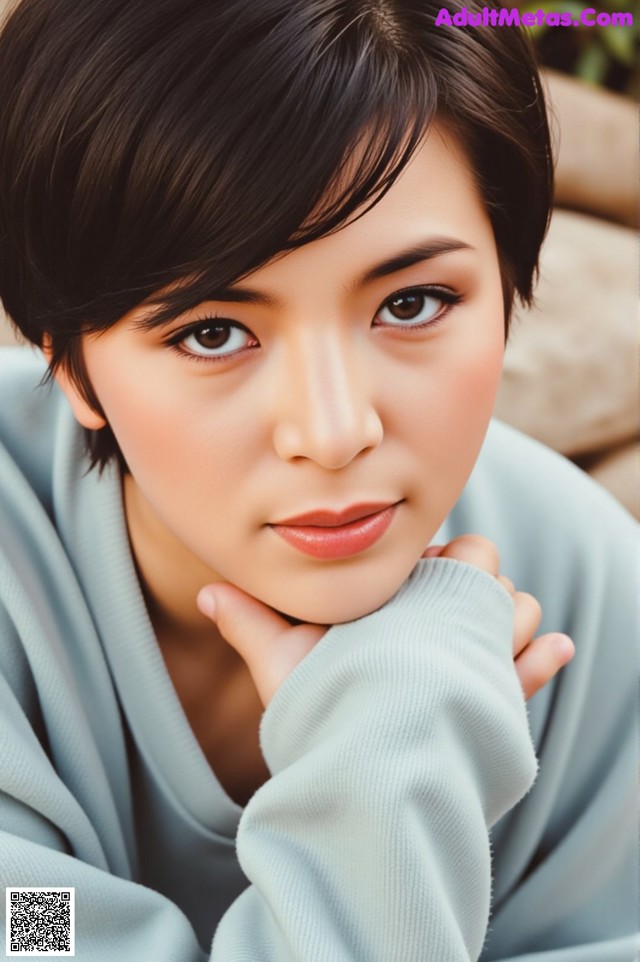 A woman with short black hair wearing a blue sweater.