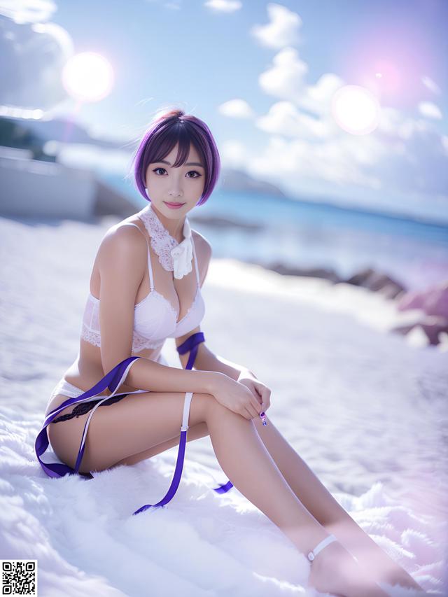 A woman in a white lingerie sitting on a white blanket.