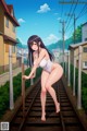 A woman in a white bathing suit standing on a train track.