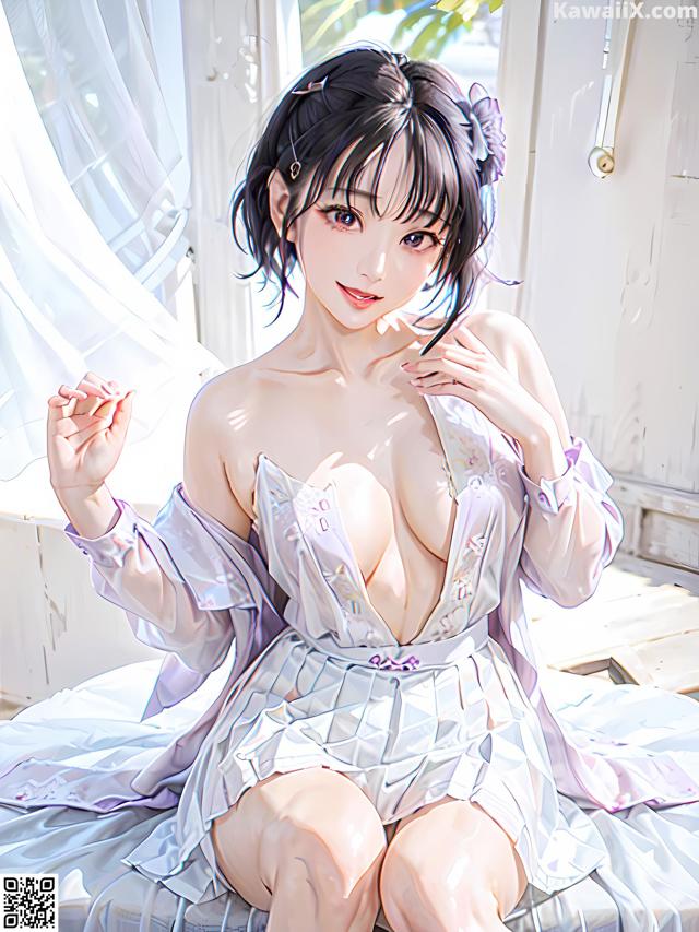 A woman sitting on top of a bed next to a window.