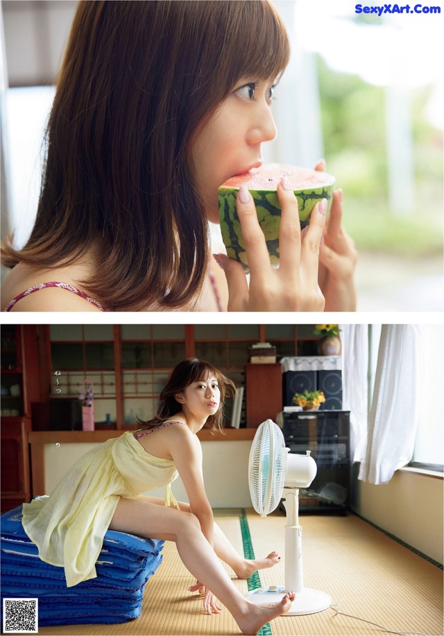 A woman sitting on the floor eating a watermelon.